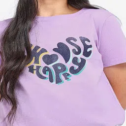 Bonkids Cotton Knit Half Sleeves Happy Text Printed Tie Up Tee - Lavender image 4