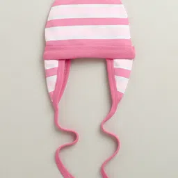 BUMZEE Cotton Knit Pack Of 2 Striped & Floral Printed Caps With Ear Flap - Peach & Pink - Diameter - 36 Cm image 3