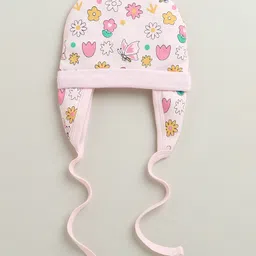 BUMZEE Cotton Knit Pack Of 2 Striped & Floral Printed Caps With Ear Flap - Peach & Pink - Diameter - 36 Cm image 4