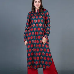 Eeshva India Teal Blue Red Butta Printed Kurta image 4