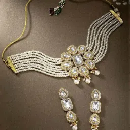 Peora Crystal White Pearl Beaded Choker Necklace With Earrings Set-picture-26