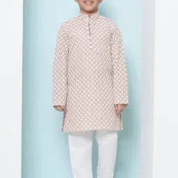 AJ Dezines Kids Peach & White Embroidered Full Sleeves Kurta with Pyjamas-picture-31