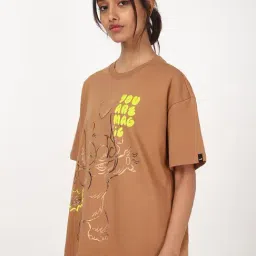 Bewakoof Heavy Duty 1.0 Disney Women's Camel Brown You Are Magic Graphic Printed Oversized T-shirt image 3