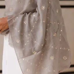 Geroo Jaipur Grey Hand Embroidered Gota Patti Woolen Shawl image 4