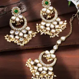 Peora Gold Plated Kundan Pearl Chandbali Earrings with Maang Tikka Set-picture-14