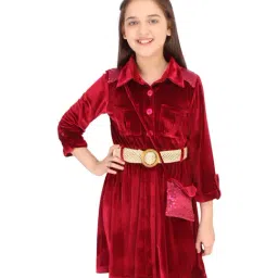 Cutecumber Kids Maroon Dress With Belt & Sling Bag-picture-25