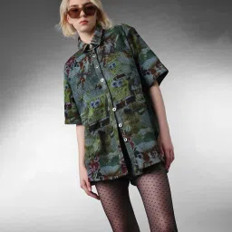 Only Green Cotton Oversized Printed Shirt image 4