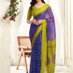 Satrani Blue & Lime Green Printed Saree With Unstitched Blouse-image-39
