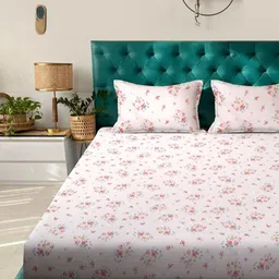 KLOTTHE Pink & Blue Floral Printed 300 TC Fitted King Bedsheet Set 2.50 m x 2.25 m-image-74
