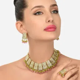 Zaveri Pearls Pink & Green Bead Drops Kundan Necklace Earring & Ring Set-ZPFK12112-picture-17