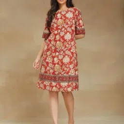 Fabindia Red Cotton Printed A-Line Dress-image-90