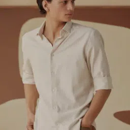 ANDAMEN Off White Regular Fit Cotton Shirt-image-7