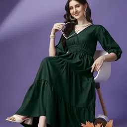 Krunal Raiyani Women V-Neck Smocked Puff Sleeves Fit & Flare Tiered Maxi Dress-image-29