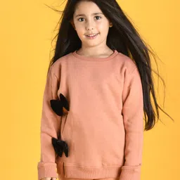 Anthrilo Full Sleeves Velvet Double Bow Detail Solid Fleece Sweatshirt - Light Brown-image-19