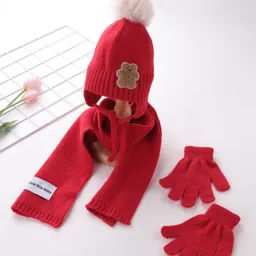 Babyhug Pom Pom Acrylic Woolen Cap Muffler & Gloves Set Teddy Design - Red-picture-15