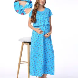 Bella Mama 100% Cotton Knit Half Sleeves Concealed Zipper Nursing Nighty Heart Print - Blue-picture-24