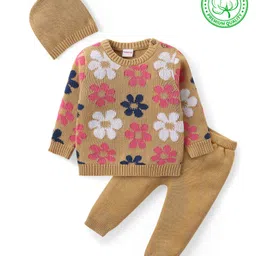 Babyhug Organic Cotton Knit Full Sleeves Sweater Set & Cap with Floral Design - Yellow-picture-25