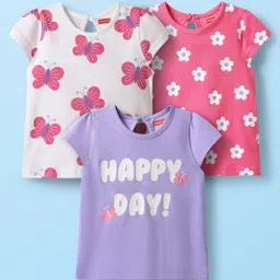 Babyhug Cotton Knit Half Sleeves T-Shirts with Butterfly & Floral Print Pack of 3 -White Lavender & Pink-picture-37