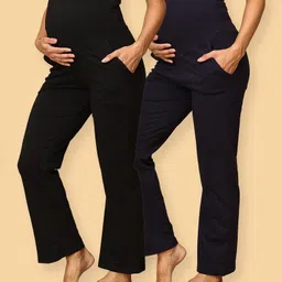 The Mom Store Pack Of 2 Cotton Spandex Solid Maternity Track Pants - Black & Navy Blue-picture-22