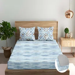 Trance Home Linen Dhariya Blue Cotton 180TC King Fitted Bedsheet 2 Pillow Covers-picture-15