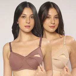 MomToBe Cotton Knit Pack Of 2 Solid Maternity Bras With Nursing Access - Brown & Skin-picture-27