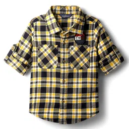 INFINITY Cotton Woven Full Sleeves Tartan Checked & 99 Number Patch Shirt - Navy Blue & Yellow-picture-27
