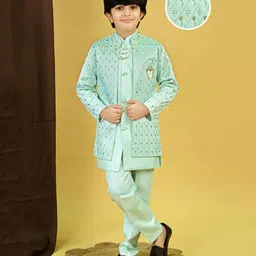 BT DEZINES Satin Woven Full Sleeves Geometric Embroidered Sequins Embellished Sherwani Set With Mala - Sky Blue-picture-22