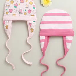BUMZEE Cotton Knit Pack Of 2 Striped & Floral Printed Caps With Ear Flap - Peach & Pink - Diameter - 40 Cm-image-17