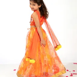 Elaisha Sleeveless Butterfly Hand Embroidered Top With Organza Flared Lehenga & Dupatta Set - Orange image 3