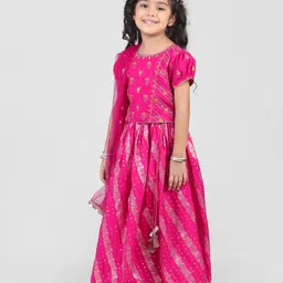 Babyhug Woven Half Sleeves Brocade Choli Lehenga With Dupatta Set - Pink image 2