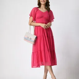 Fuchsia Women Flutter Sleeve Empire Midi Dress image 2