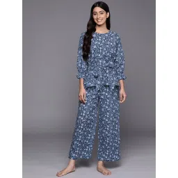 Libas Blue Cotton All-Over Floral Print With Attached Belted Design Kurti & Pyjama Night Suit image 1