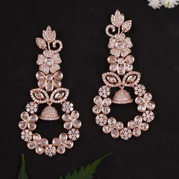 Adwitiya Collection Rose Gold-Plated Cubic Zirconia Studded Floral Shaped Drop Earrings-picture-35