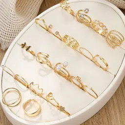 Shining Diva Fashion Set Of 22 Gold-Plated Crystal Studded & Pearl Beaded Ring image 5