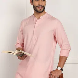 HERE&NOW Self Design Twill Weave Mandarin Collar Straight Short Kurta-picture-34