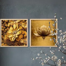 WALLLANE Set Of 2 Brown & Gold-Toned Piece Wood Floral and Botanical Wall Paintings image 2
