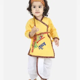 BownBee Janmashtami Theme Full Sleeves Krishna Embroidery Detailing Kurta With Dhoti & Bansuri Mukut With Belt - Yellow-picture-33