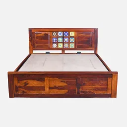 mudramark from pepperfry Siramika Sheesham Wood Queen Size Bed In Honey Oak Finish With Hydraulic Storage image 5
