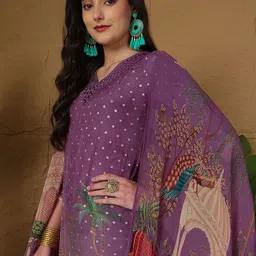 Sangria Printed V-Neck Kurta & Trousers With Dupatta image 3