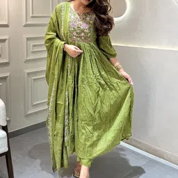 AG TEXTILE Ethnic Motifs Embroidered Notch Neck Pure Cotton Kurta With Trousers & Dupatta image 5