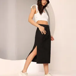 Women Solid Straight Black Skirt-image-11