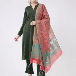 Monte Carlo Floral Woven Design Zari Work Woollen Dupatta-image-6
