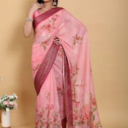 DIVASTRI Women Floral Printed Zari Pure Linen Banarasi Saree image 3