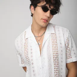 VASTRADO Oversized Classic Floral Schiffli Slim Fit Cotton Casual Shirt-image-82