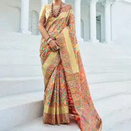 DIVASTRI Kashiba Golden Patto Ethnic Motifs Printed Saree With Blouse Piece-picture-23