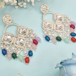 MEIRA JEWELLERY Silver Plated Kundan Stones Studded & Pearls Beaded Circular Drop Earrings image 2