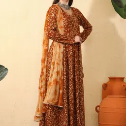 Sangria Women Ethnic Motifs Printed Angrakha Kurta with Trousers & With Dupatta image 3