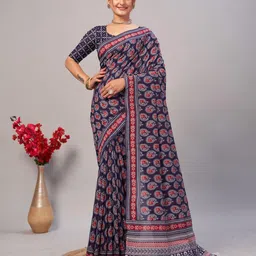 BAPS Ajrak Printed Pure Cotton Saree-picture-18