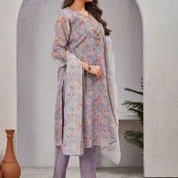 Moda Rapido Women Floral Embroidered Regular Thread Work Chanderi Silk Kurta with Trousers & With Dupatta image 3