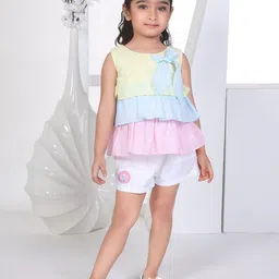 Peppermint Girls Colourblocked Round Neck schiffli Top with Shorts image 1